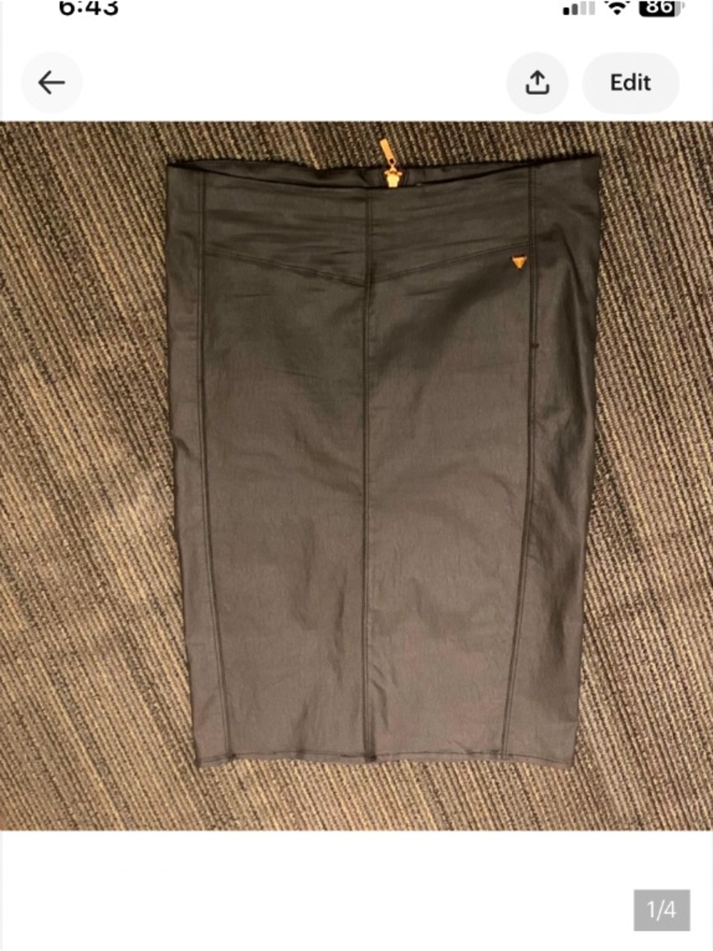 GUESS Black Vegan Leather Pencil Skirt Gold Logo Waist Bodycon Size L - Picture 4 of 7